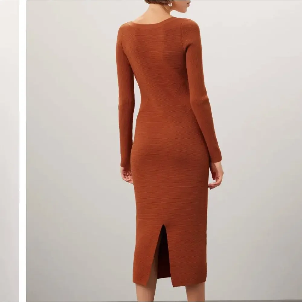 Toccin Rust Brown Midi Ribbed Knit Dress SMALL Career Bodycon Work Designer $325 - Picture 2 of 14